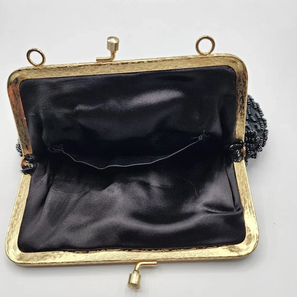 Vintage La Regale Women's Beaded Black Cocktail Party Clutch No Shoulder Chain